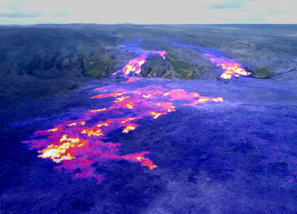 20120629_usgs-thermal-peace-day-flow-pali Lava flows remain active on the pali and coastal plain, but the flow front has made no significant progress towards the ocean over the past week. This image is a composite of a thermal image and a normal photograph, with active breakouts shown by yellow and white areas, and recent, but inactive, flows shown in red and purple. The active flow front, in the lower left portion of the image, was about 1 km (0.6 miles) from the ocean Friday (June 29).