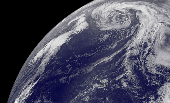 Image of Earth taken at 8 a.m. HST, January 31, 2013. Hawaii is in the lower center area. Click on image above for full-sized view. Image courtesy of NOAA-NASA GOES Project.