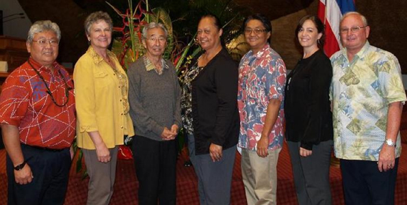 (From left) Rep. Richard Onishi; Rep. Cindy Evans; Rep. Clift Tsuji; Rep. Faye Hanohano; Rep. Mark Nakashima; Rep. Nicole Lowen; and Rep. Denny Coffman. (Photo courtesy of Rep. Cindy Evans)