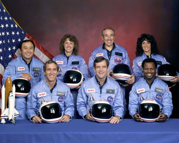The NASA family lost seven of its own on the morning of January 28, 1986, when a booster engine failed, causing the Shuttle Challenger to break apart just 73 seconds after launch. The crew of STS-51-L: Front row from left, Mike Smith, Dick Scobee, Ron McNair. Back row from left, Ellison Onizuka, Christa McAuliffe, Greg Jarvis, Judith Resnik. Photo courtesy of NASA