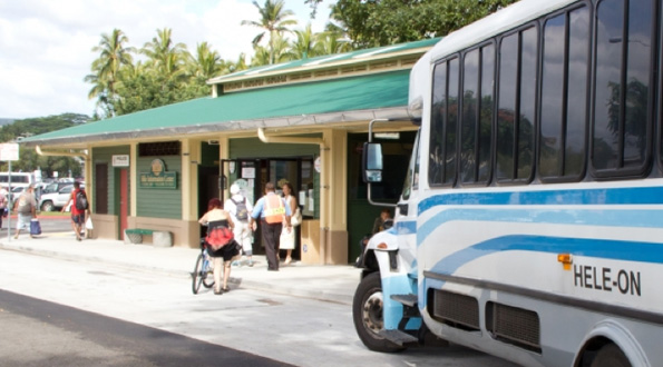 A Hele-On Bus pulls up to the newly renovated Mooheau Bus Terminal. (Photo courtesy of the Mayor's Office)