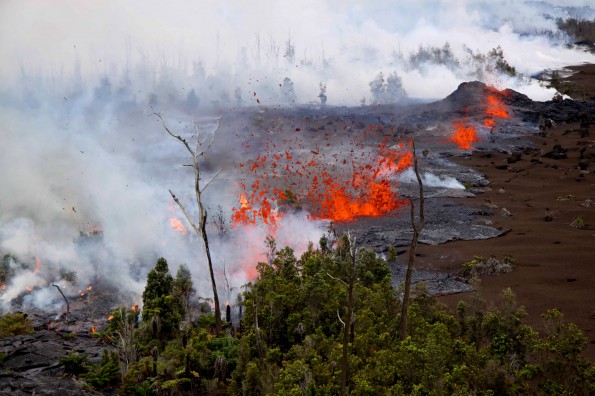 Lava spatters above the fissure just west of the base of Pu`u `O`o on March 6, 2011. Photo courtesy of USGS/HVO