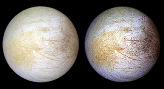 This color composite view combines violet, green, and infrared images of Jupiter's intriguing moon, Europa, for a view of the moon in natural color (left) and in enhanced color designed to bring out subtle color differences in the surface (right). The bright white and bluish part of Europa's surface is composed mostly of water ice, with very few non-ice materials. In contrast, the brownish mottled regions on the right side of the image may be covered by hydrated salts and an unknown red component. The yellowish mottled terrain on the left side of the image is caused by some other unknown component. Long, dark lines are fractures in the crust, some of which are more than 3,000 kilometers (1,850 miles) long. (Image courtesy of NASA / JPL / University of Arizona)