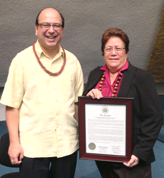 Sen. Malama Solomon presents the Senate Certificate of Recognition to Dr. Taft E. Armandroff, director of the W. M. Keck Observatory. (Photo courtesy of Hawaii Senate Majority)
