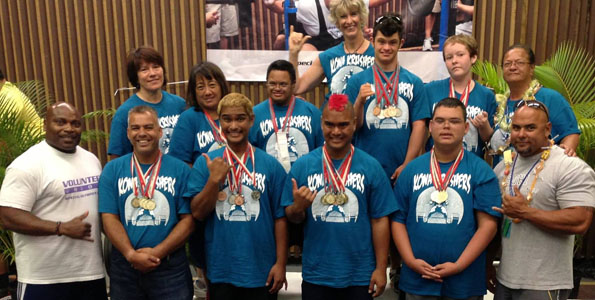 The West Hawaii Special Olympics powerlifters at the 2013 Hawaii State Summer Games, including Denise Lindsey (top row, far left). (Photo courtesy of Denise Lindsey)
