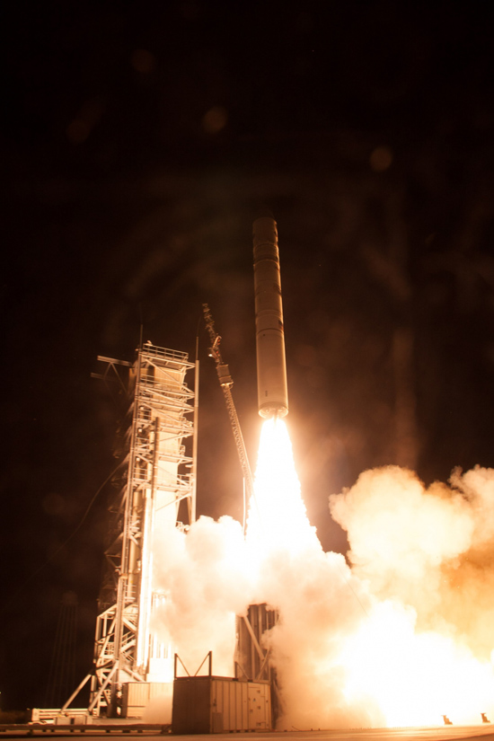 A Minotaur V rocket carrying NASA's Lunar Atmosphere and Dust Environment Explorer (LADEE) lifts off from at NASA's Wallops Flight Facility in Virginia on Friday, Sept. 6, 2013. LADEE is a robotic mission designed to orbit the moon where and provide unprecedented information about the environment around the moon and give scientists a better understanding of other planetary bodies in our solar system and beyond. (Photo courtesy of Chris Perry | NASA)