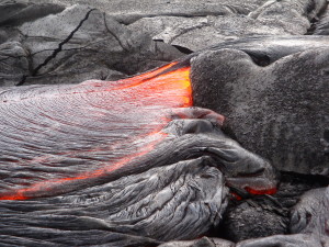 A close-up view of one of the many breakouts of pāhoehoe on the Kahaualeʻa 2 flow. Photo courtesy of USGS/HVO