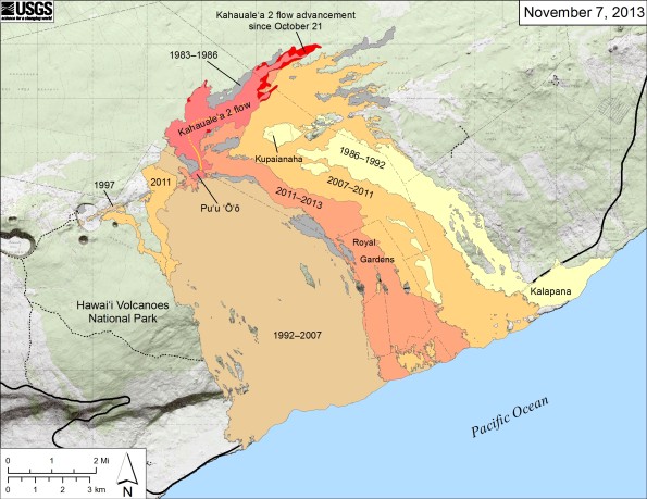 Small-scale map showing Kīlauea’s east rift zone flow field as of November 7, 2013. The Peace Day flow (light orange), which began September 21, 2011, is no longer active. All east rift zone eruptive activity is now focused into the Kahaualeʻa 2 flow, which is advancing slowly toward the northeast from Puʻu ʻŌʻō. The Kahaualeʻa 2 flow as of October 21 is shown in pink, while advancement of the flow as of November 7 is shown in red. Older lava flows are labeled with the years in which they were active: episodes 1–48b flows (1983–1986) are shown in gray; episodes 48c–49 flows (1986–1992) are pale yellow; episodes 50–55 flows (1992–2007) are tan; and episodes 58–60 flows (2007–2011) are pale orange. The active lava tube is shown with a yellow line.