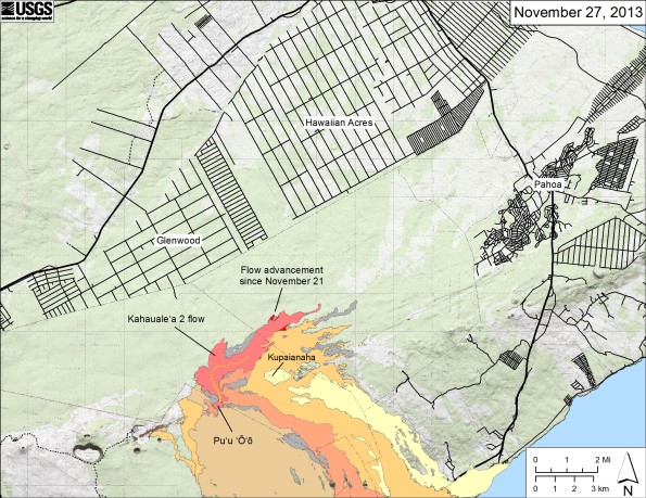 Map showing the Kahaualeʻa 2 flow in relation to the eastern part of the Big Island as of November 27, 2013. The tip of the Kahaualeʻa 2 flow that reached 7.3 km (4.5 miles) from Puʻu ʻŌʻō last week is no longer active. Flows remain active, however, about 5 km (3 miles) northeast of Puʻu ʻŌʻō where they continue to spread into the forest. The area of the area Kahaualeʻa 2 flow as of November 21 is shown in pink, while widening of the flow as of November 27 is shown in red. Older lava flows are distinguished by color: episodes 1–48b flows (1983–1986) are shown in gray; episodes 48c–49 flows (1986–1992) are pale yellow; episodes 50–55 flows (1992–2007) are tan; episodes 58–60 flows (2007–2011) are pale orange, and episode 61 flows (2011–2013) are reddish orange. The active lava tube is shown with a yellow line.