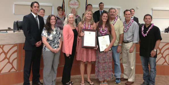 The Hawaii County Council recognized Leahi Camacho for her record-setting Kaiwi Channel swim. (Photo courtesy of Hawaii County Council)