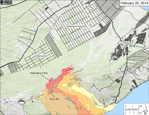 Map showing the Kahaualeʻa 2 flow in relation to the eastern part of the Big Island as of February 20, 2014. The front of the Kahaualeʻa 2 flow was 7.8 km (4.8 miles) northeast of Puʻu ʻŌʻō about one month ago. These forked fingers stalled during a prolonged deflation–inflation cycle (DI event) at Kīlauea’s summit around January 23. Lava flows have since resumed and are approaching the stalled flow front with a new narrow lobe (red), with the farthest active flow on February 20 at about 7.4 km (4.6 miles) from the vent. The area of the Kahaualeʻa 2 flow as of February 7 is shown in pink, while small areas of flow widening as of February 20 are shown in red. Older lava flows are distinguished by color: episodes 1–48b flows (1983–1986) are shown in gray; episodes 48c–49 flows (1986–1992) are pale yellow; episodes 50–55 flows (1992–2007) are tan; episodes 58–60 flows (2007–2011) are pale orange, and episode 61 flows (2011–2013) are reddish orange. The active lava tube is shown with a yellow line.