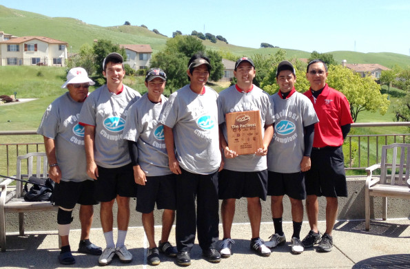Head Coach Earl Tamiya, Kyeton Littel, Chris Shimomura, Dalen Yamauchi, Corey Kozuma, Christian Agosto and Assistant Coach Ron Takahashi. Photo courtesy of UH-Hilo