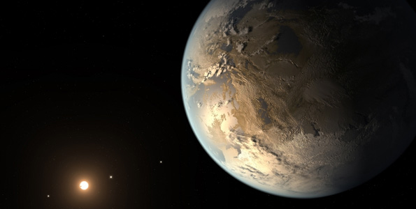 The artist's concept depicts Kepler-186f, the first validated Earth-size planet orbiting a distant star in the habitable zone — a range of distances from a star where liquid water might pool on the surface of an orbiting planet. The discovery of Kepler-186f confirms that Earth-size planets exist in the habitable zone of other stars and signals a significant step closer to finding a world similar to Earth. (Image courtesy of NASA Ames / SETI Institute / JPL-CALTECH)