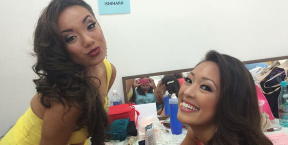 Jeanne Kapela and Alyssa Ishihara take a break backstage during rehearsals for the Miss Hawaii pageant. (Photo special to Hawaii 24/7)