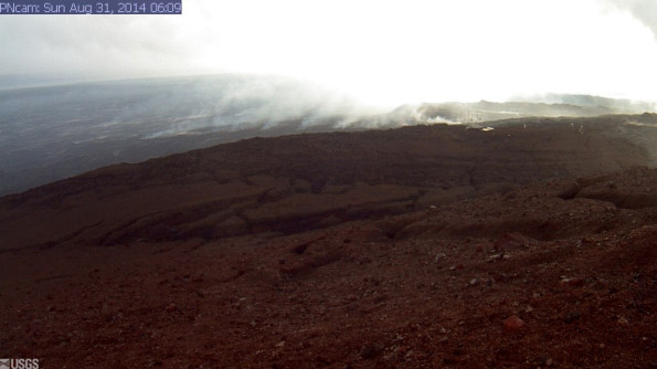 This image is from a research camera positioned on Puʻu ʻŌʻō, looking North. Image taken at 6:09 a.m., Sunday, August 31, 2014. Photo courtesy of USGS/HVO