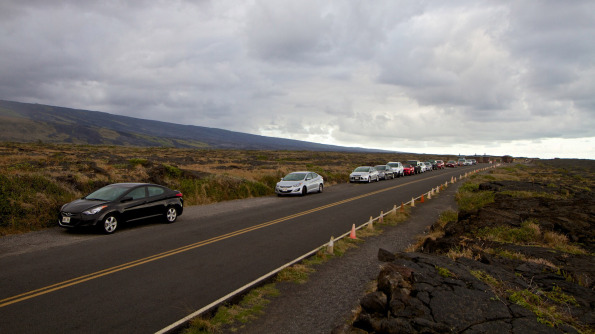 Cars lined-up on the mauka side of Chain of Craters Road in Hawaii Volcanoes National Park near the turn-around. Hawaii 24/7 File Photo