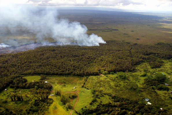 Another view of the flow front in the northwest portion of Kaohe Homesteads. The leading portion of the flow front narrowed over the past two days and was roughly 150 m (500 ft) wide. Photo courtesy of USGS/HVO