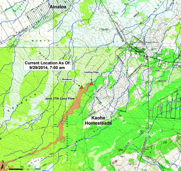 Position of Kilauea's June 27th Lava Flow as of 7 a.m. Monday, September 29, 2014. Map courtesy of Hawaii County Civil Defense