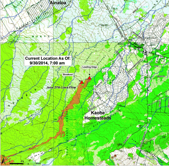 Kilauea June 27th Lava Flow position as of 7 a.m. September 30, 2014. Map courtesy of Hawaii County Civil Defense