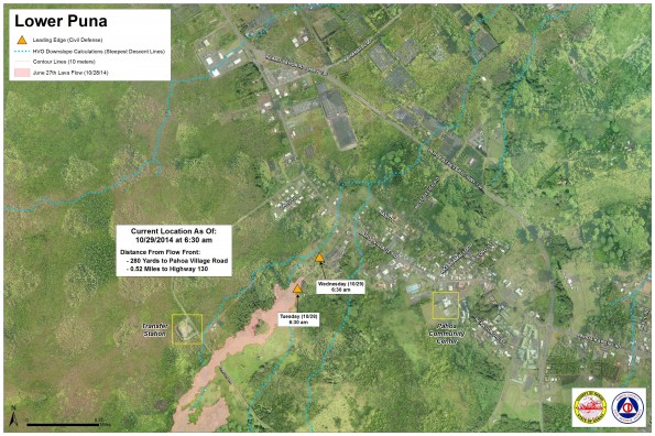 Kilauea June 27 Lava Flow map updated 6:30 a.m., October 29, 2014. Courtesy of Hawaii County Civil Defense