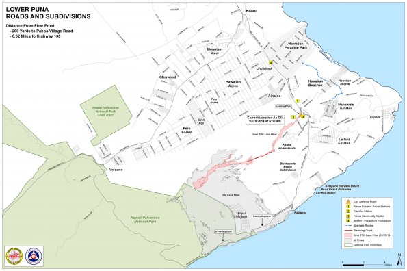 Kilauea June 27 Lava Flow map updated 6:30 a.m., October 29, 2014. Courtesy of Hawaii County Civil Defense