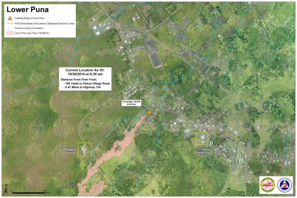 Kilauea June 27 Lava Flow map updated 6:30 a.m., October 30, 2014. Courtesy of Hawaii County Civil Defense