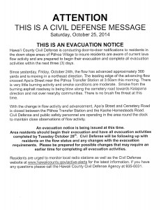 Hawaii County Civil Defense Evacuation Notice for those in the immediate path of the Kilauea June 27th Lava Flow