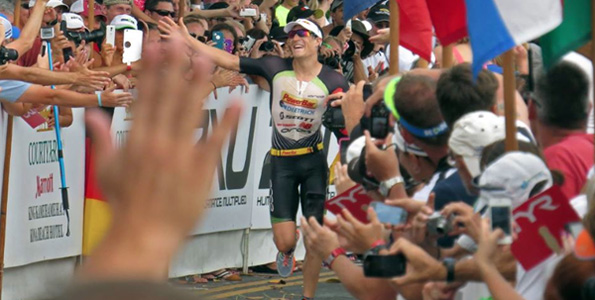 Sebastian Kienle celebrates his first world championship. (Photo special to Hawaii 24/7 by Chris Stewart)