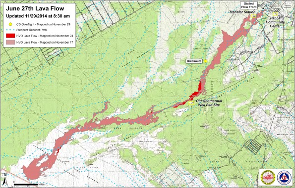 Kilauea June 27 Lava Flow map updated 8:30 a.m., November 29, 2014. Courtesy of Hawaii County Civil Defense
