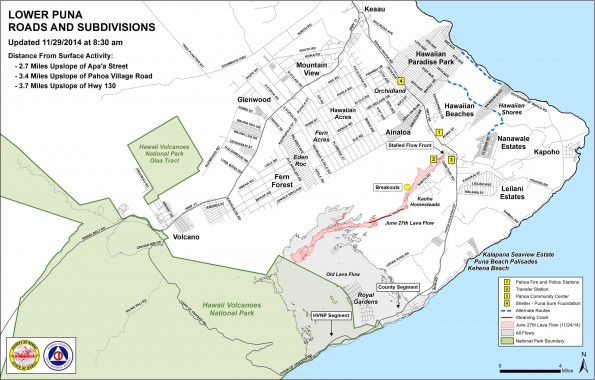 Kilauea June 27 Lava Flow map updated 8:30 a.m., November 29, 2014. Courtesy of Hawaii County Civil Defense