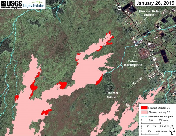 This large-scale map uses a satellite image acquired in March 2014 (provided by Digital Globe) as a base to show the area around the front of Kīlauea’s active East Rift Zone lava flow. The area of the flow on January 22 is shown in pink, while widening and advancement of the flow based on satellite imagery acquired today (January 26), is shown in red. The blue lines show steepest-descent paths calculated from a 1983 digital elevation model (DEM; for calculation details, see http://pubs.usgs.gov/of/2007/1264/). Steepest-descent path analysis is based on the assumption that the DEM perfectly represents the earth's surface. DEMs, however, are not perfect, so the blue lines on this map can be used to infer only approximate flow paths.