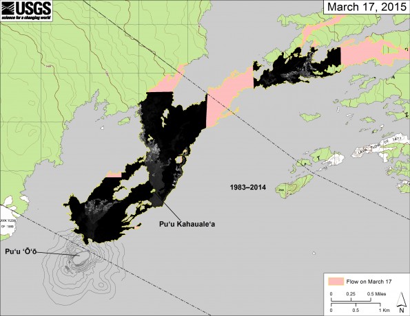 This map overlays georegistered mosaics of thermal images collected during a helicopter overflight of the three areas of breakouts near Puʻu ʻŌʻō on March 17 at about 8:00 AM. The perimeter of the flow at the time the imagery was acquired is outlined in yellow. Temperature in the thermal mosaics is displayed as gray-scale values, with the brightest pixels indicating the hottest areas (white areas are active breakouts).