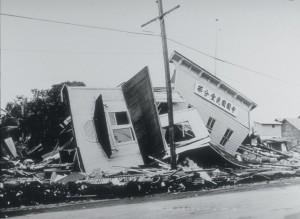 Wreckage of a clubhouse on Kamehameha Avenue in Hilo, Hawai‘i, caused by a tsunami generated by the April 1, 1946, earthquake in the Aleutian Islands. Photo courtesy of the U.S. Army Corps of Engineers.