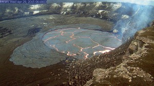 An early morning view of the lava lake with a recent overflow onto the floor of Halemaʻumaʻu Crater. Photo taken Thursday, April 29, 2015 courtesy of USGS/HVO