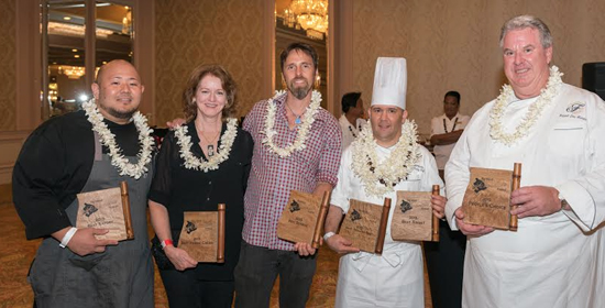 Professional winners of the BICF gala were from left: Hilton Waikoloa Village Chef Dayne Tanabe, Gini Choobua of Likao Kula Farm, Nat Bletter of Madre Chocolate, Fairmont Orchid Pastry Chef Daniel Sampson and Executive Fairmont Orchid Chef Hubert Des Marais. (Photo courtesy of Shortini Photography)