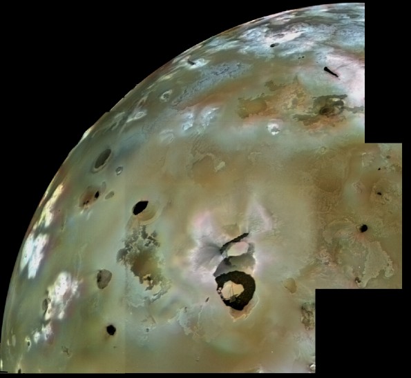 This Voyager 1 image mosaic shows a large area of Io's volcanic plains, with numerous volcanic calderas and lava flows. Loki Patera, an active lava lake 1,000 times large than Kīlauea Volcano’s summit lava lake, is the black horseshoe-shaped feature in the lower part of the image. Credit: NASA/JPL/USGS