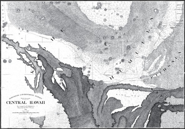 This 1891 map shows much of the saddle between Mauna Kea (at top of map) and Mauna Loa. Lava flows depicted as black irregular shapes in the lower half of the map were erupted from Mauna Loa, with labeled ages ranging from “ancient” to 1881. The Mauna Kea branch of the 1880–1881 lava flow, visible as a small, thumb-shaped flow at the bottom center of the map, sits atop the much larger 1855–1856 lava flow that also threatened Hilo. To see details of this extraordinary map, go to http://ags.hawaii.gov/survey/map-search/, enter "1718" in the "Registered Map No." box, and click "Search" to open the full resolution map. Map courtesy of Hawaii State Archives.