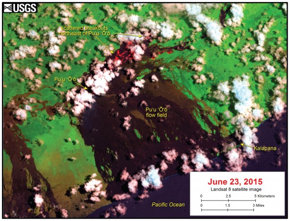 This satellite image was captured on Tuesday, June 23, 2015 by the Landsat 8 satellite. Although this is a false-color image, the color map has been chosen to mimic what the human eye would expect to see. Bright red pixels depict areas of very high temperatures and show active lava. White areas are clouds. The lava flow field is partly obscured by clouds, but the image shows much of the activity on the June 27th flow. Active breakouts are scattered over a wide area northeast of Puʻu ʻŌʻō, with the farthest active lava about 7.8 km (4.8 miles) from the vent on Puʻu ʻŌʻō.