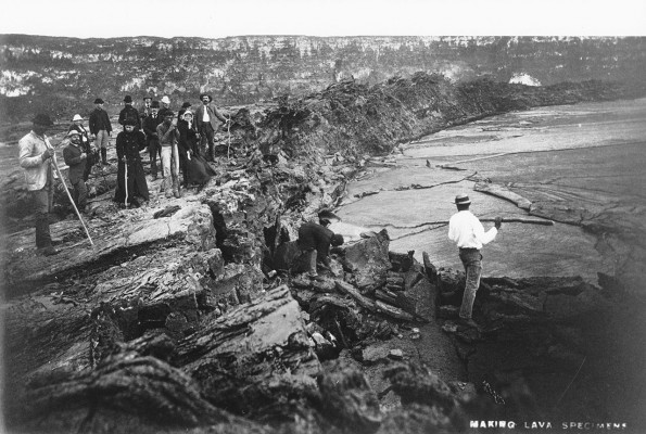 Raymond and Whitcomb party “making lava specimens” at Kīlauea in 1893. Photograph by J.J. Williams from the HVO photo archives.
