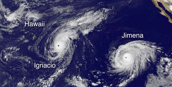 Hawaii, Hurricane Ignacio and Hurricane Jimena in this image taken at 5 p.m. HST Saturday, August 29, 2015. Photo courtesy of NOAA-NASA GOES Project