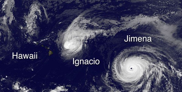 Hawaii, Hurricane Ignacio and Hurricane Jimena in this image taken at 5 a.m. HST Monday, August 31, 2015. Photo courtesy of NOAA-NASA GOES Project