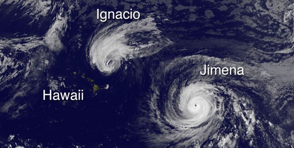 Hawaii, Hurricane Ignacio and Hurricane Jimena in this image taken at 5 a.m. HST Tuesday, September 1, 2015. Photo courtesy of NOAA-NASA GOES Project