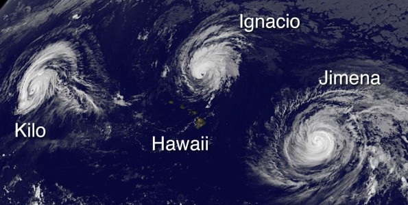 Typhoon Kilo, Hawaii, Tropical Storm Ignacio and Hurricane Jimena in this image taken at 11 p.m. HST Tuesday, September 1, 2015. Photo courtesy of NOAA-NASA GOES Project