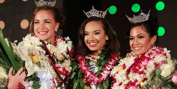 Miss Kona Coffee 2016 Polanimakamae Kahakalau (left) and Miss Aloha Hawaii 2016 Kristie Naone flank Miss Hawaii 2016 Jeanne Kapela at the conclusion of the Kona Coffee Festival scholarship pageant Saturday at Sheraton Kona Resort and Spa at Keauhou Bay. (Hawaii 24/7 photo by Soleil Fitz-Gerald)