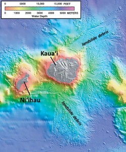 In this shaded relief and bathymetric map of Niʻihau and Kauaʻi, colors indicate water depth, from shallow (orange and yellow) to deep (purple), with shades of gray indicating island areas above sea level. From: U.S. Geological Survey Geologic Investigations Series Map I-2809, “Hawaiʻi’s Volcanoes Revealed”