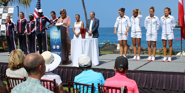 Ingrid Lofdahl-Bentzer, International Tennis Federation representative, introduces players from Team USA and Team Poland at the draw ceremony Friday in Keauhou. Also attending the draw were Fed Cup referee Wayne McKewen and Katrina Adams, USTA chairman of the board, CEO and president. (Hawaii 24/7 photo by Karin Stanton)