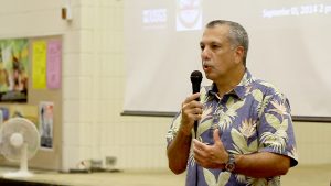 Hawaii County Civil Defense Director Darryl Oliveira at a community meeting at Pahoa High School on September 3, 2014 regarding the June 27th Lava Flow threatening the community. Hawaii 24/7 File Photo