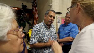 Hawaii County Civil Defense Director Darryl Oliveira at a community meeting at Pahoa High School on September 18, 2014 regarding the June 27th Lava Flow threatening the community. Hawaii 24/7 File Photo