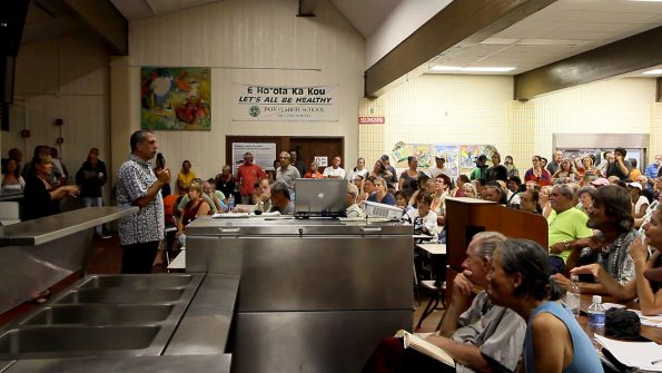 Hawaii County Civil Defense Director Darryl Oliveira at a community meeting at Pahoa High School on September 18, 2014 regarding the June 27th Lava Flow threatening the community. Hawaii 24/7 File Photo