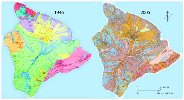 A comparison of the 1946 Stearns and MacDonald map (left) and the 1996 BIMP map, digitized in 2005 (right), shows how the understanding of Hawai‘i Island’s geology advanced over half a century. The Geologic Map of the Island of Hawaii is available online at http://pubs.usgs.gov/ds/2005/144/. Paper copies can be ordered from the USGS Publications Warehouse: https://pubs.er.usgs.gov/publication/i2524A (geologic map and explanatory pamphlet) and https://pubs.er.usgs.gov/publication/i2524B (sample map and explanatory pamphlet). Graphic from USGS General Interest Product 135.